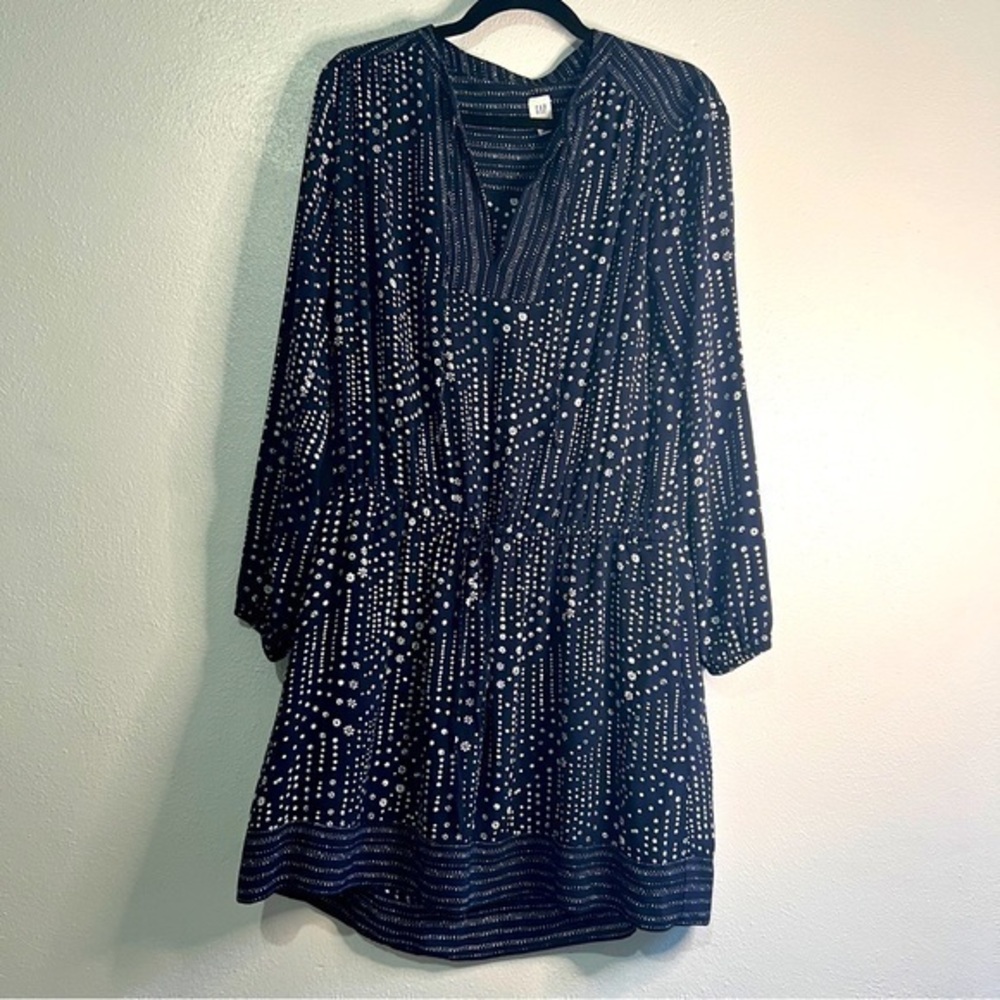 GAP drawstring navy & blue flowered long-sleeved boho dress. Sz L. Preowned.